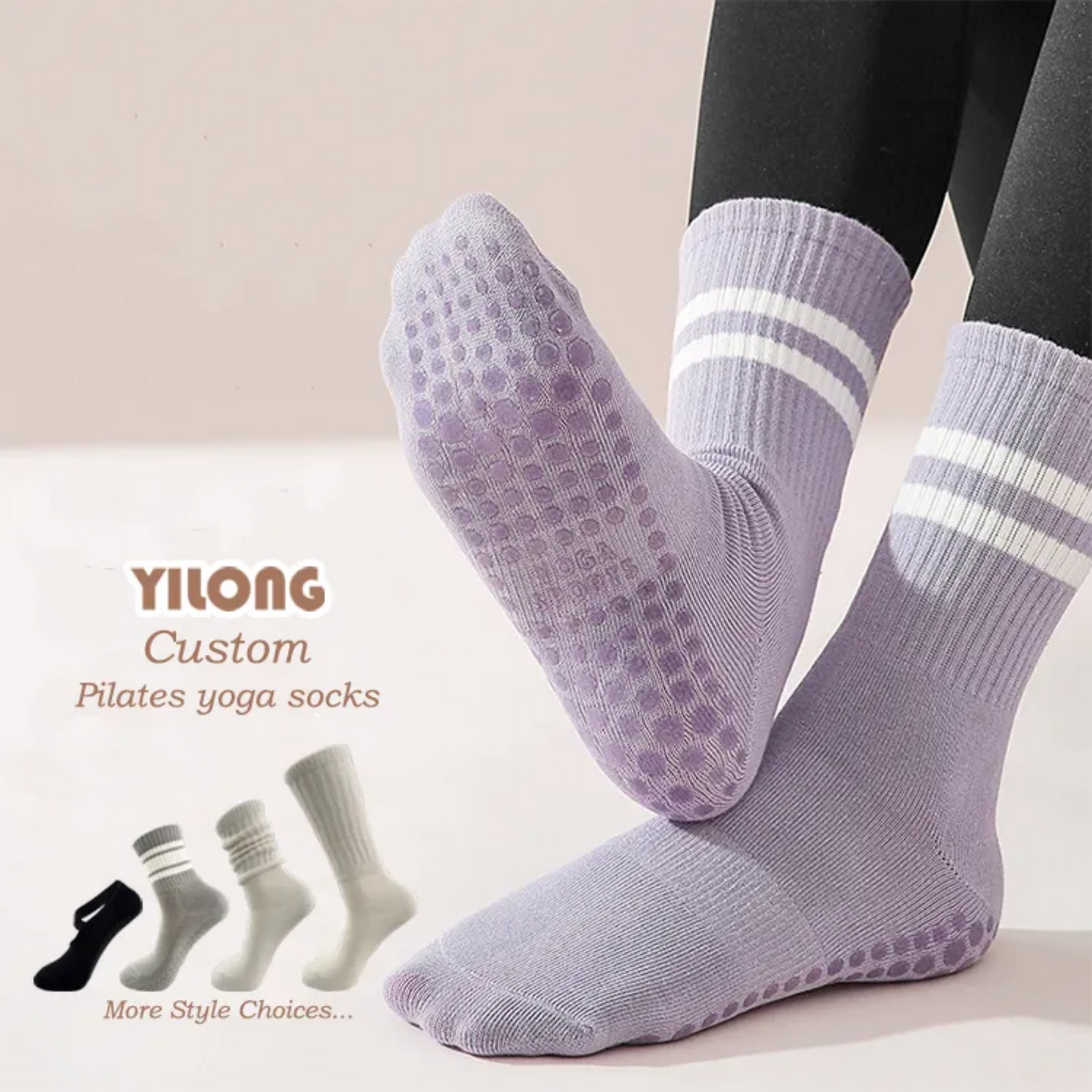 Yilong quality anti slip logo fuzzy designer compression cotton sport women yoga slouch custom grip socks pilates