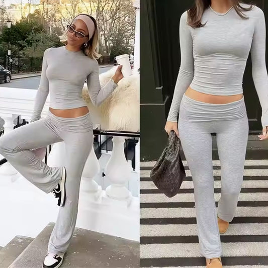 Women's 2-Piece Set, Solid Crop Top & Wide Flared Leggings