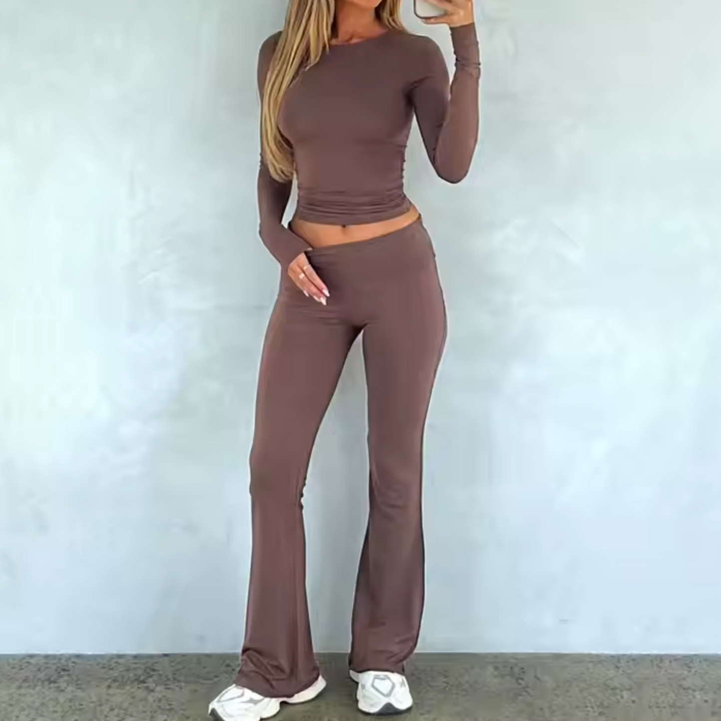 Women's 2-Piece Set, Solid Crop Top & Wide Flared Leggings